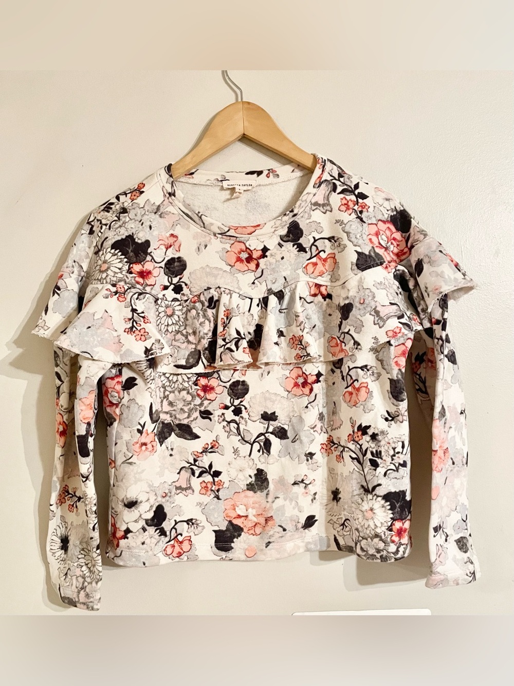 Rebecca Taylor Cream Lua Floral Ruffle Sweatshirt with Pink and Gray Accents